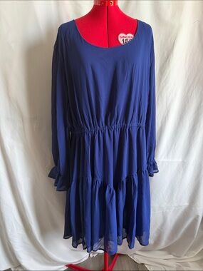 Blue Long-Sleeve Midi Dress - Elegant Gathered Waist
